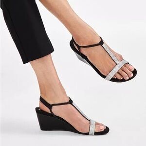 STYLE & CO Mulan Black With Bling Rhinestone Embellished Wedge Sandals Size 10